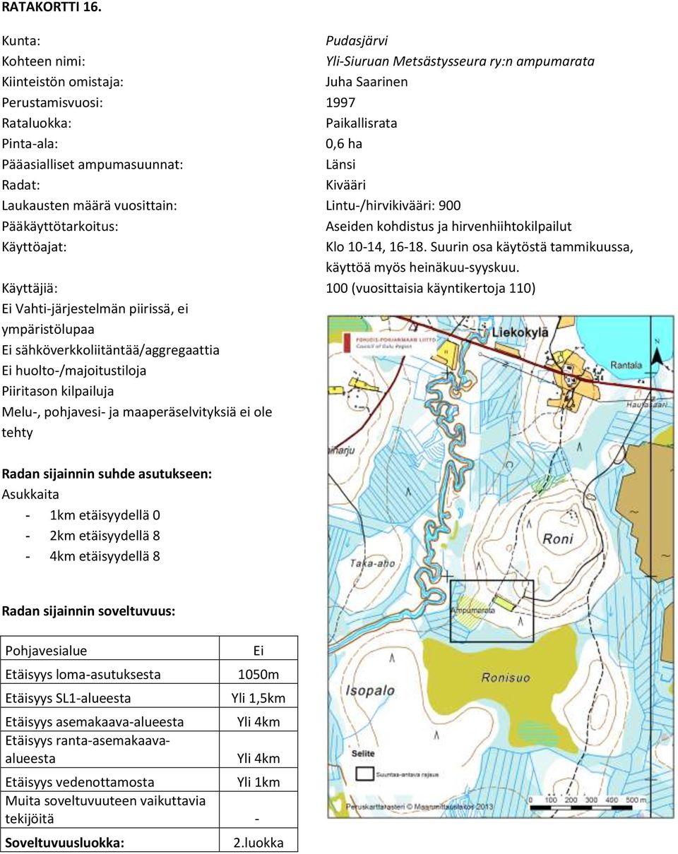 pohjavesi- ja maaperäselvityksiä ei ole tehty Pudasjärvi Yli-Siuruan Metsästysseura ry:n ampumarata Juha Saarinen 1997 Paikallisrata 0,6 ha