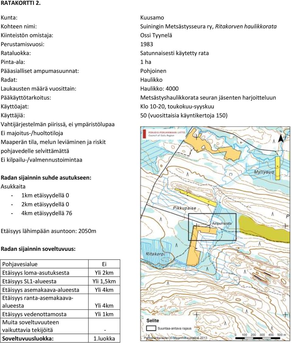 selvittämättä kilpailu-/valmennustoimintaa Kuusamo Suiningin Metsästysseura ry, Ritakorven haulikkorata Ossi Tyynelä 1983