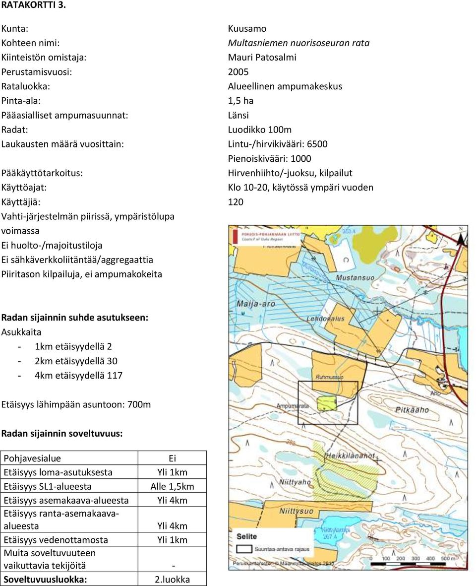 kilpailuja, ei ampumakokeita Kuusamo Multasniemen nuorisoseuran rata Mauri Patosalmi 2005 Alueellinen ampumakeskus 1,5 ha