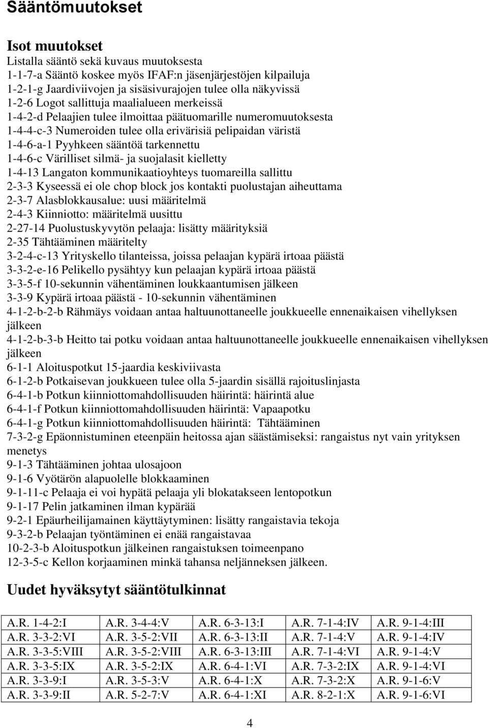 tarkennettu 1-4-6-c Värilliset silmä- ja suojalasit kielletty 1-4-13 Langaton kommunikaatioyhteys tuomareilla sallittu 2-3-3 Kyseessä ei ole chop block jos kontakti puolustajan aiheuttama 2-3-7