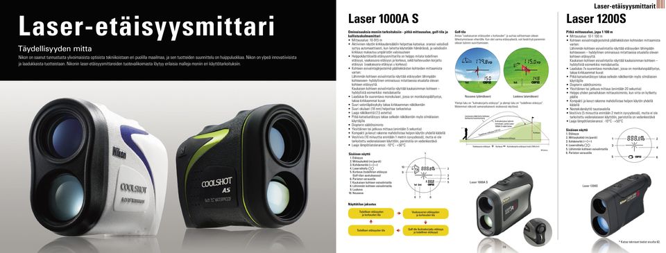 Laser 1000A S Ominaisuuksia moniin tarkoituksiin - pitkä mittausalue, golf-tila ja kallistuskulmamittari Mittausalue: 10-915 m Aktiivinen näytön kirkkaudensäädin helpottaa katselua: oranssi valodiodi