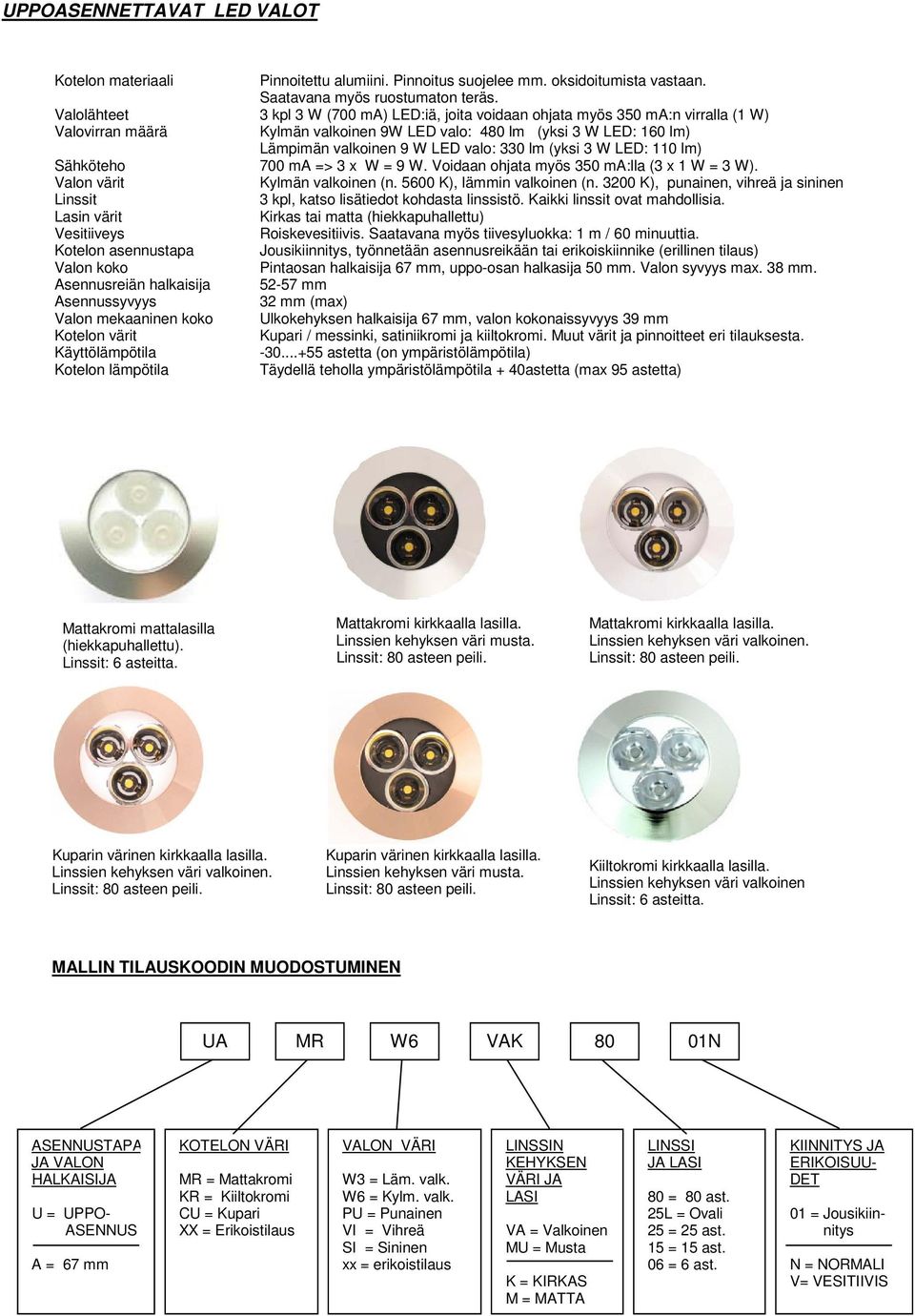 330 lm (yksi 3 W LED: 110 lm) Sähköteho 700 ma => 3 x W = 9 W. Voidaan ohjata myös 350 ma:lla (3 x 1 W = 3 W). Valon värit Kylmän valkoinen (n. 5600 K), lämmin valkoinen (n.