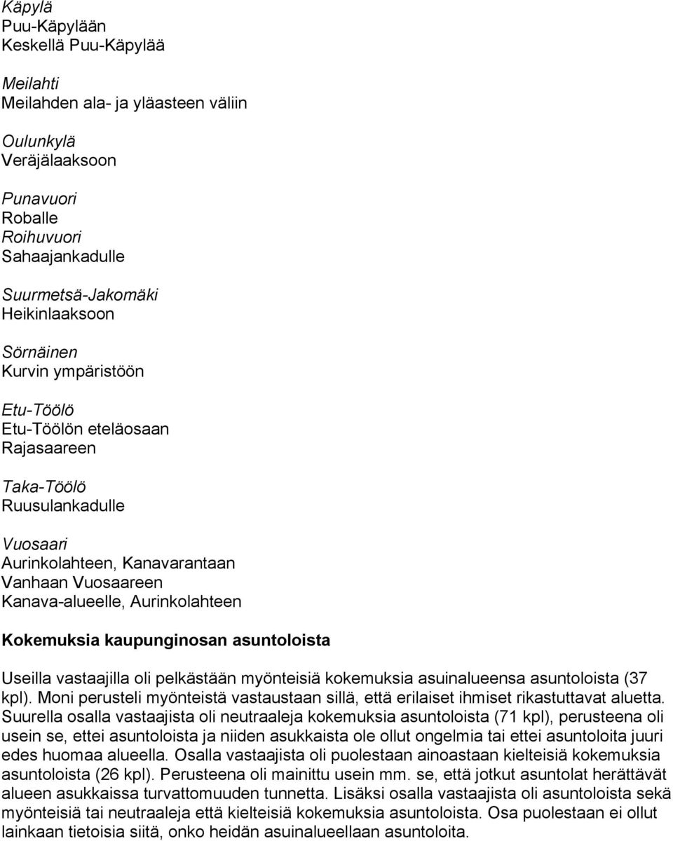 kaupunginosan asuntoloista Useilla vastaajilla oli pelkästään myönteisiä kokemuksia asuinalueensa asuntoloista (37 kpl).