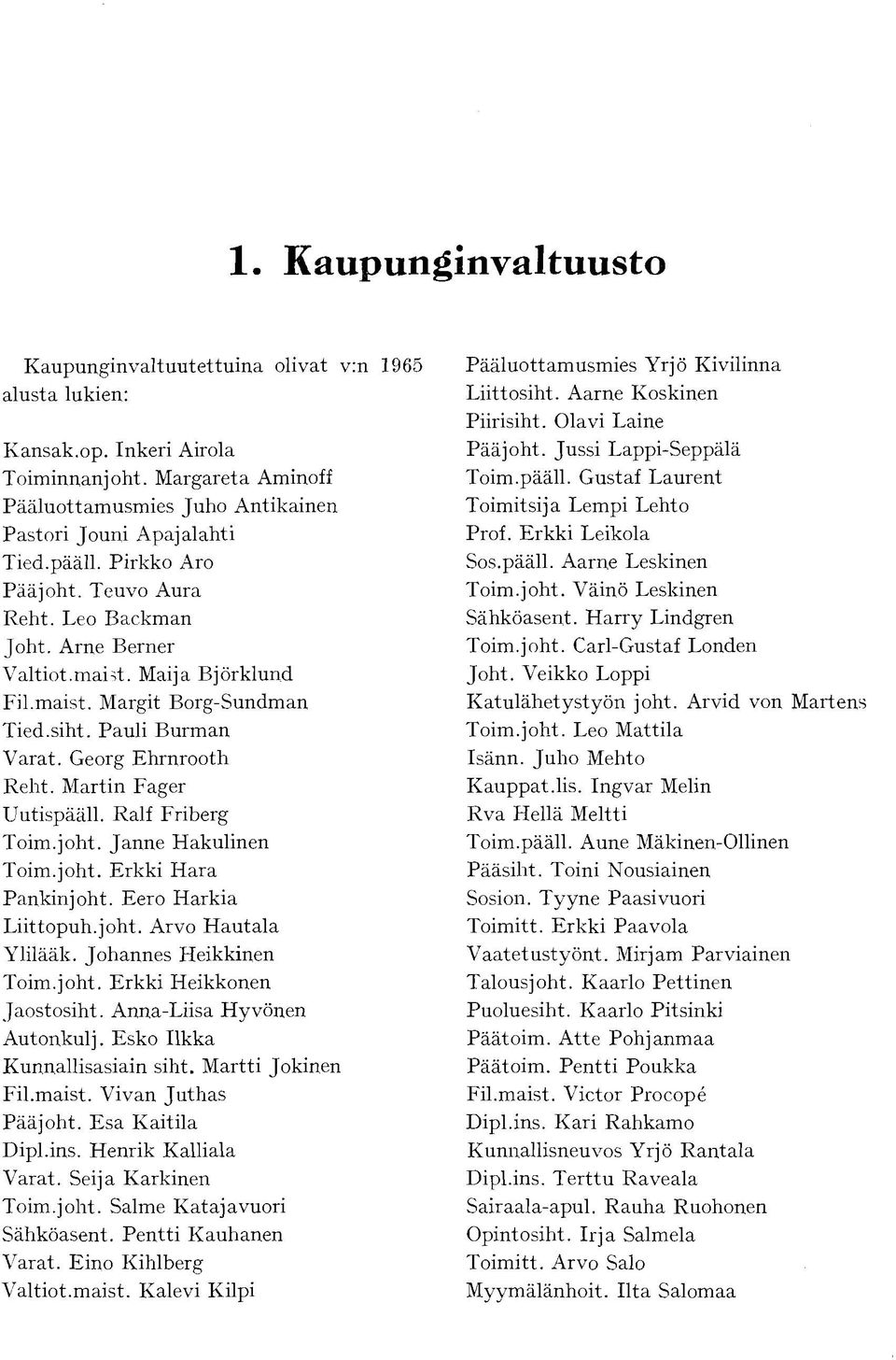 Martin Fager Uutispääll. Ralf Friberg Toim.joht. Janne Hakulinen Toim.joht. Erkki Hara Pankinjoht. Eero Harkia Liittopuh.joht. Arvo Hautala Ylilääk. Johannes Heikkinen Toim.joht. Erkki Heikkonen Jaostosiht.