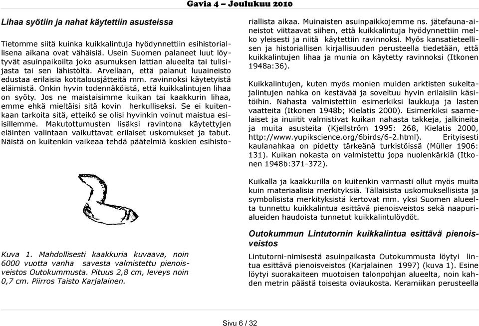 ravinnoksi käytetyistä eläimistä. Onkin hyvin todennäköistä, että kuikkalintujen lihaa on syöty. Jos ne maistaisimme kuikan tai kaakkurin lihaa, emme ehkä mieltäisi sitä kovin herkulliseksi.