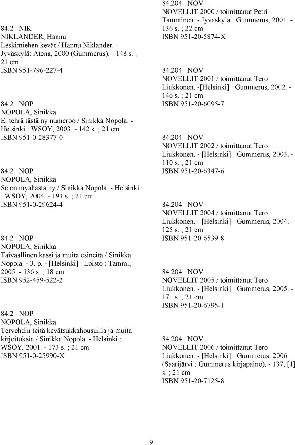 - Helsinki : WSOY, 2004. - 193 s. ; 21 ISBN 951-0-29624-4 84.2 NOP NOPOLA, Sinikka Taivaallinen kassi ja muita esineitä / Sinikka Nopola. - 3. p. - [Helsinki] : Loisto : Tammi, 2005. - 136 s.