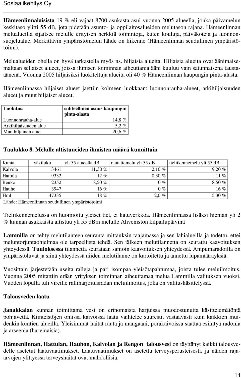 Merkittävin ympäristömelun lähde on liikenne (Hämeenlinnan seudullinen ympäristötoimi). Melualueiden ohella on hyvä tarkastella myös ns. hiljaisia alueita.