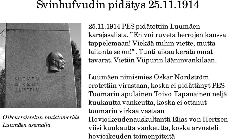 Oikeustaistelun muistomerkki Luumäen asemalla Luumäen nimismies Oskar Nordström erotettiin virastaan, koska ei pidättänyt PES Tuomarin apulainen