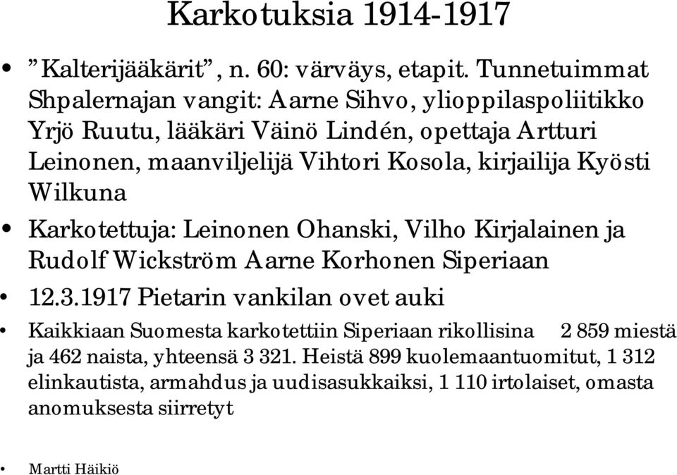 Kosola, kirjailija Kyösti Wilkuna Karkotettuja: Leinonen Ohanski, Vilho Kirjalainen ja Rudolf Wickström Aarne Korhonen Siperiaan 12.3.