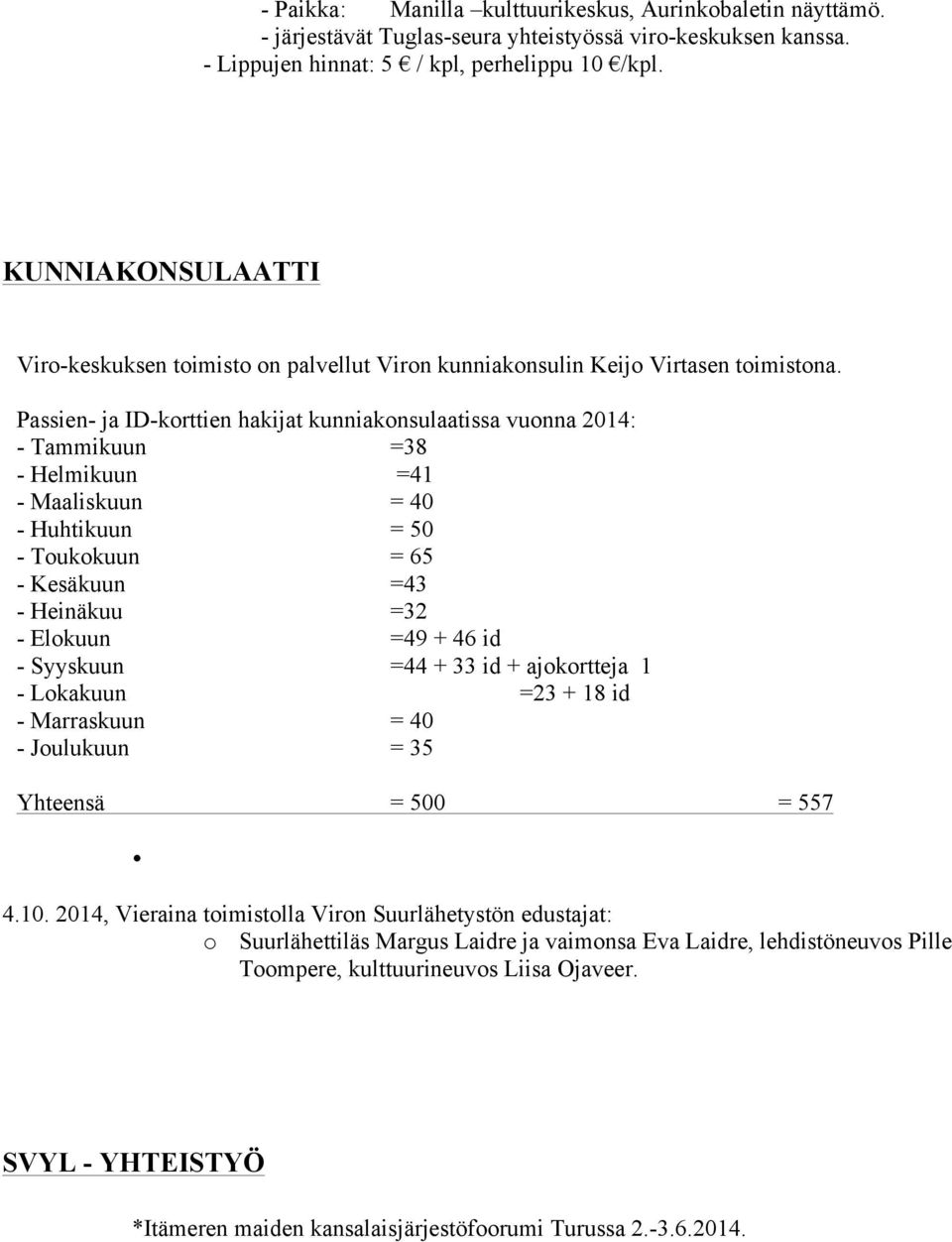 Passien- ja ID-korttien hakijat kunniakonsulaatissa vuonna 2014: - Tammikuun =38 - Helmikuun =41 - Maaliskuun = 40 - Huhtikuun = 50 - Toukokuun = 65 - Kesäkuun =43 - Heinäkuu =32 - Elokuun =49 + 46