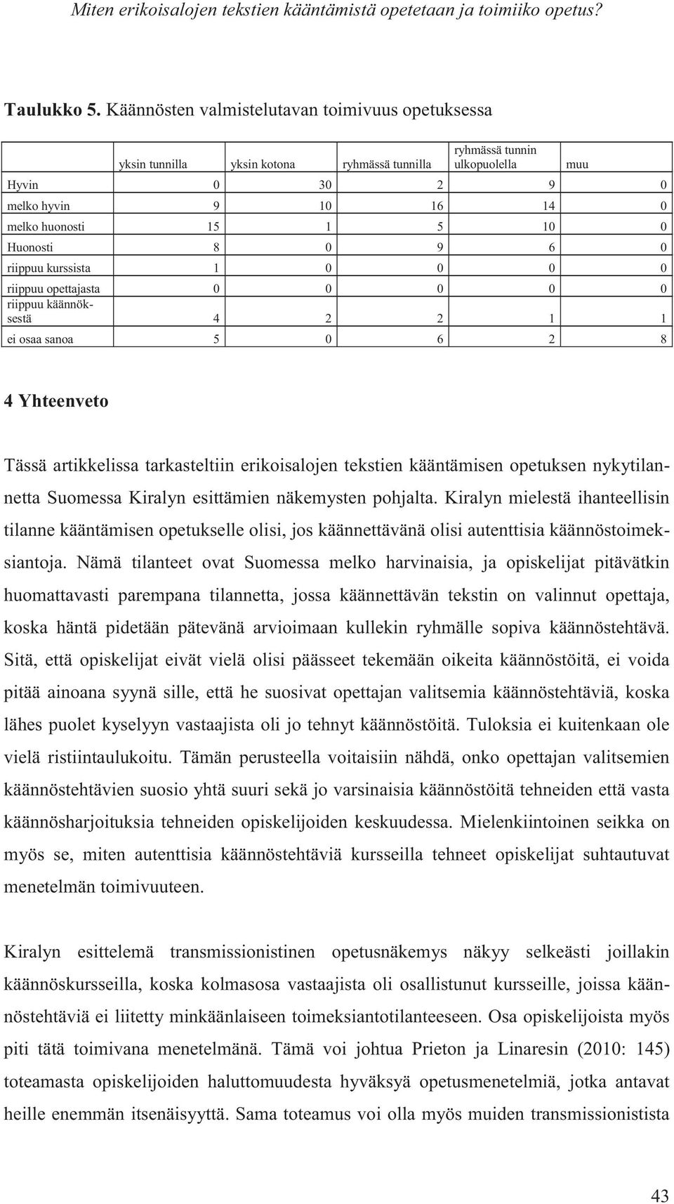 Huonosti 8 0 9 6 0 riippuu kurssista 1 0 0 0 0 riippuu opettajasta 0 0 0 0 0 riippuu käännöksestä 4 2 2 1 1 ei osaa sanoa 5 0 6 2 8 4 Yhteenveto Tässä artikkelissa tarkasteltiin erikoisalojen