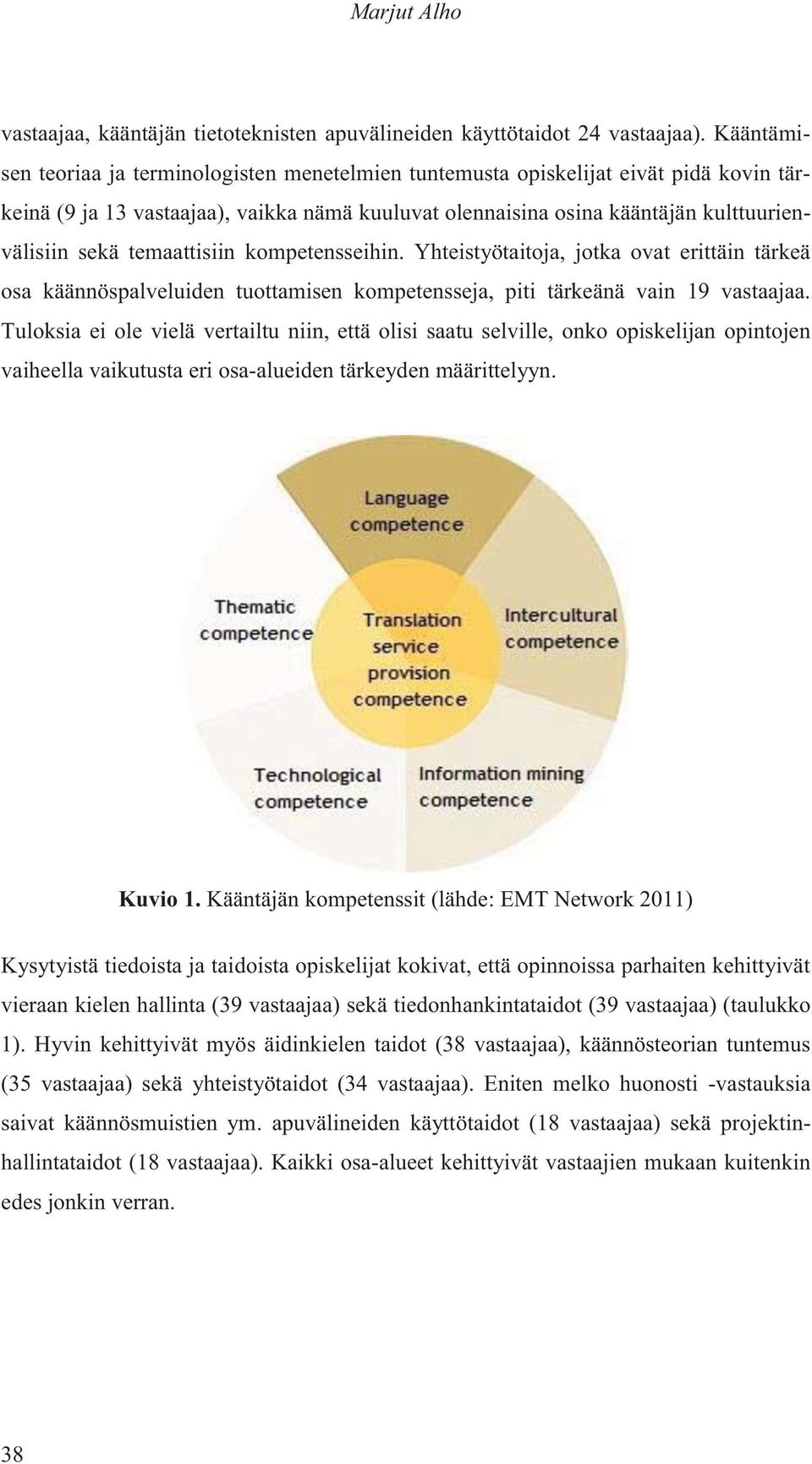 temaattisiin kompetensseihin. Yhteistyötaitoja, jotka ovat erittäin tärkeä osa käännöspalveluiden tuottamisen kompetensseja, piti tärkeänä vain 19 vastaajaa.