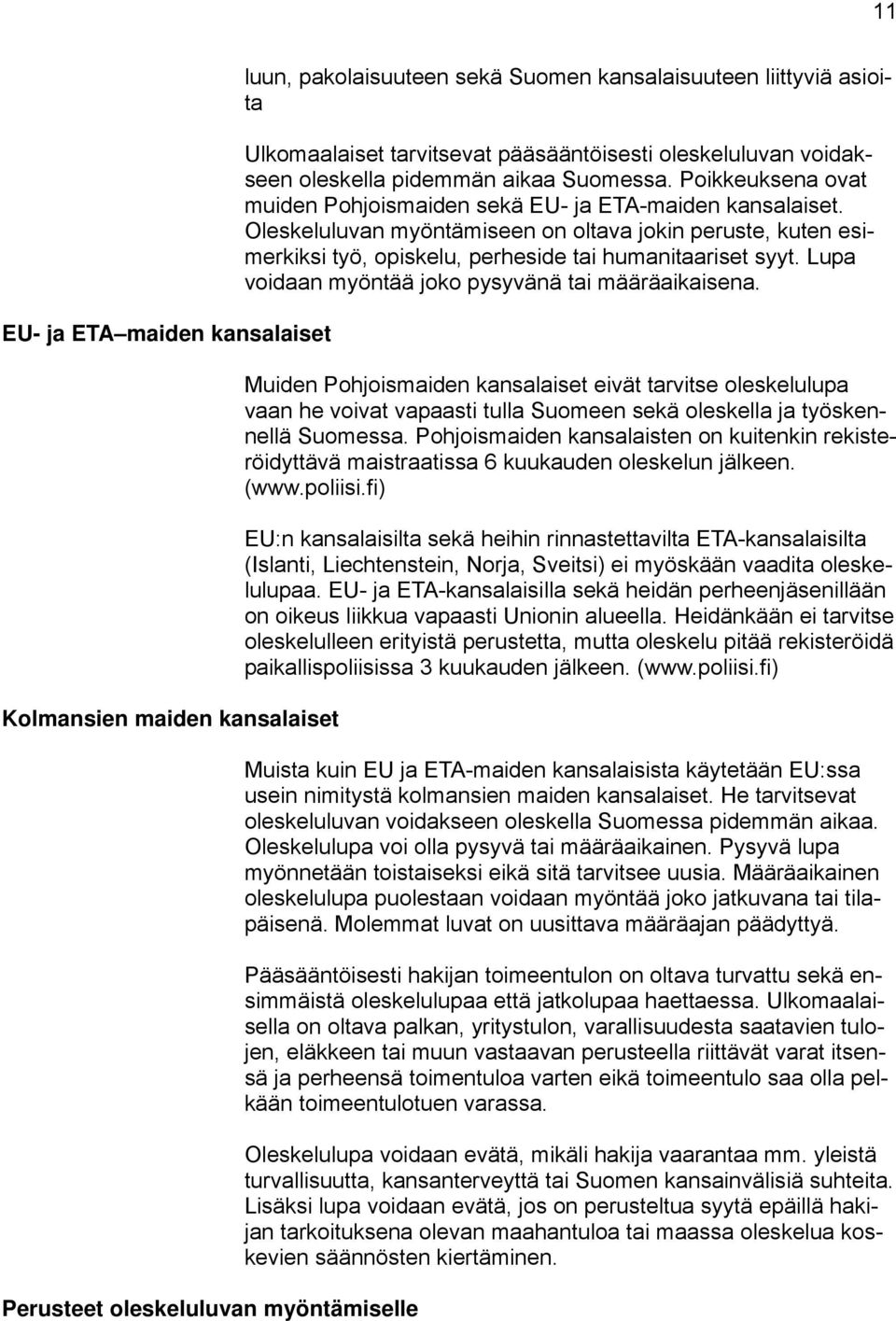 Oleskeluluvan myöntämiseen on oltava jokin peruste, kuten esimerkiksi työ, opiskelu, perheside tai humanitaariset syyt. Lupa voidaan myöntää joko pysyvänä tai määräaikaisena.