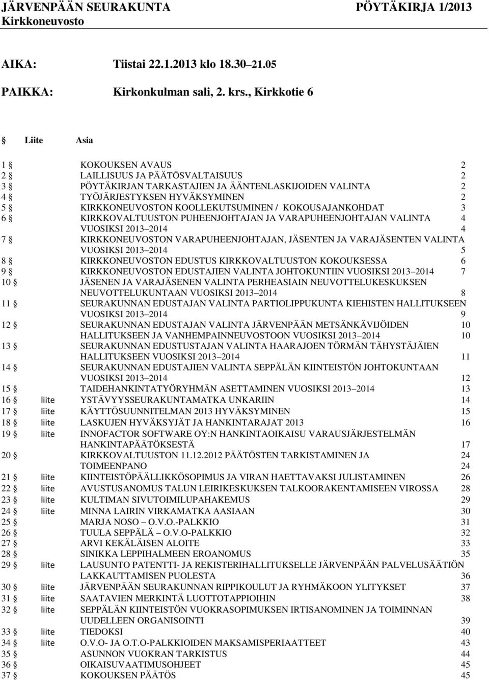 KOOLLEKUTSUMINEN / KOKOUSAJANKOHDAT 3 6 KIRKKOVALTUUSTON PUHEENJOHTAJAN JA VARAPUHEENJOHTAJAN VALINTA 4 VUOSIKSI 2013 2014 4 7 KIRKKONEUVOSTON VARAPUHEENJOHTAJAN, JÄSENTEN JA VARAJÄSENTEN VALINTA