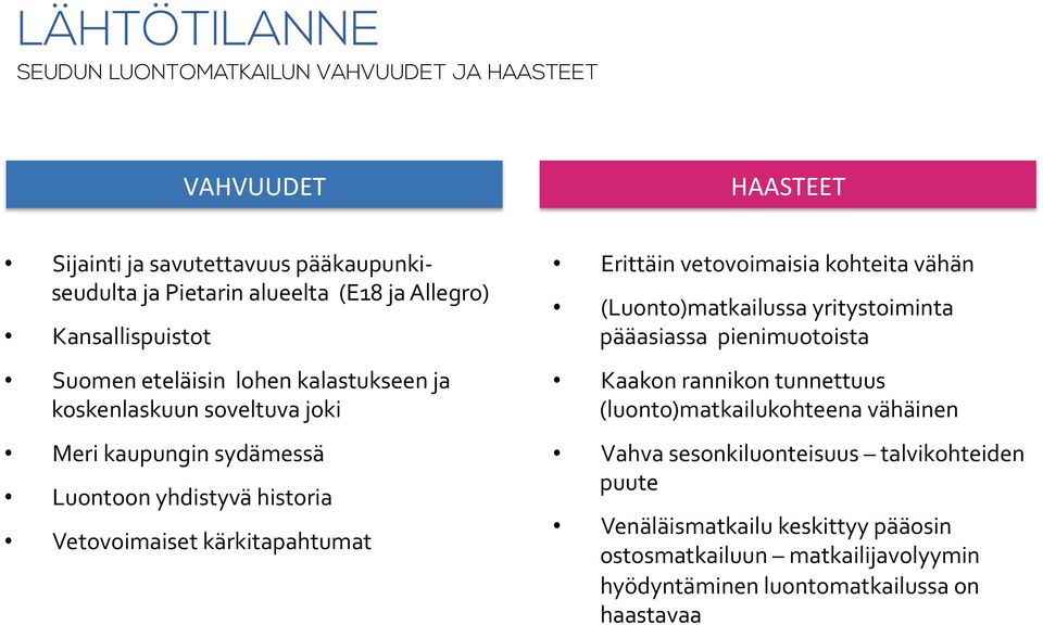 kärkitapahtumat Erittäin vetovoimaisia kohteita vähän (Luonto)matkailussa yritystoiminta pääasiassa pienimuotoista Kaakon rannikon tunnettuus