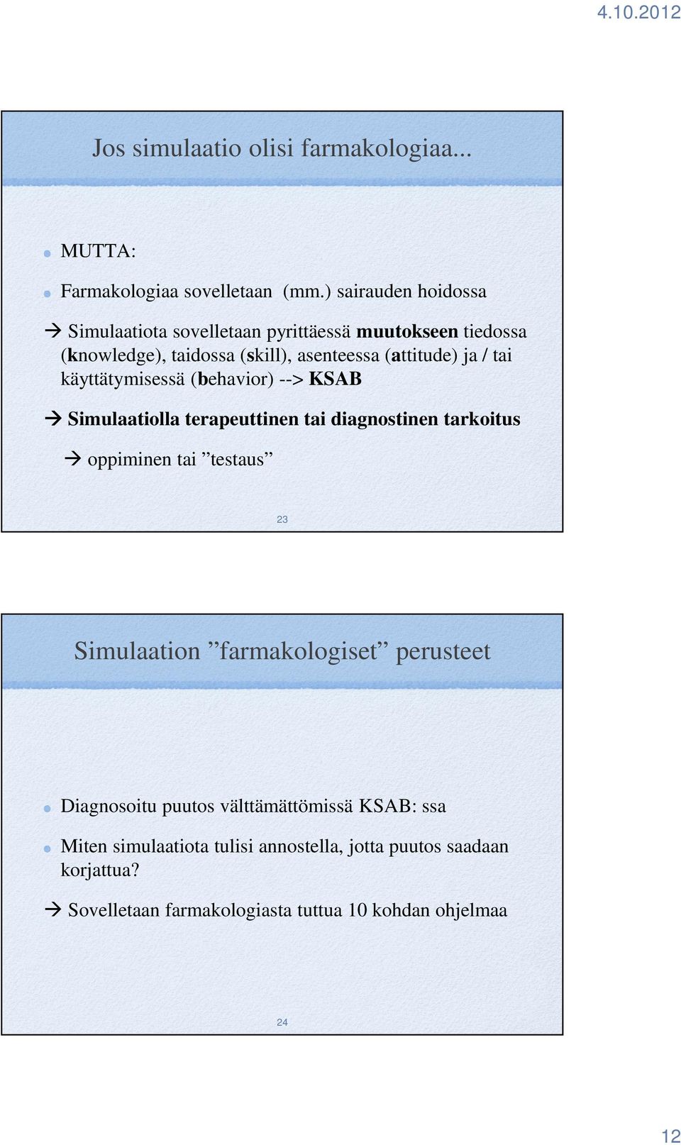 tai käyttätymisessä (behavior) --> KSAB Simulaatiolla terapeuttinen tai diagnostinen tarkoitus oppiminen tai testaus 23 Simulaation
