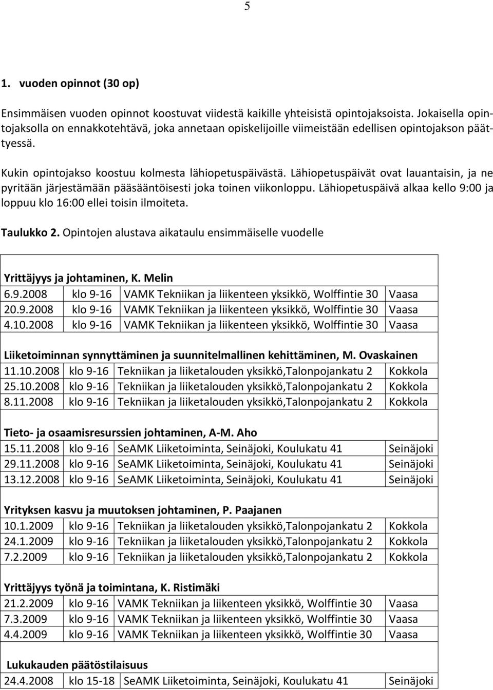 Lähiopetuspäivät ovat lauantaisin, ja ne pyritään järjestämään pääsääntöisesti joka toinen viikonloppu. Lähiopetuspäivä alkaa kello 9:00 ja loppuu klo 16:00 ellei toisin ilmoiteta. Taulukko 2.