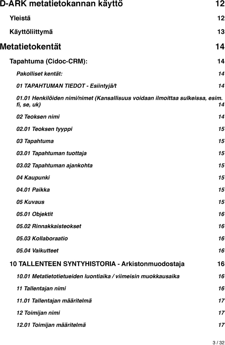 15 03.01 Tapahtuman tuottaja! 15 03.02 Tapahtuman ajankohta! 15 04 Kaupunki! 15 04.01 Paikka! 15 05 Kuvaus! 15 05.01 Objektit! 16 05.02 Rinnakkaisteokset! 16 05.03 Kollaboraatio! 16 05.04 Vaikutteet!