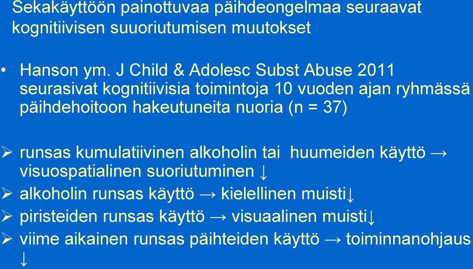 hakeutuneita nuoria (n = 37) runsas kumulatiivinen alkoholin tai huumeiden käyttö visuospatialinen suoriutuminen