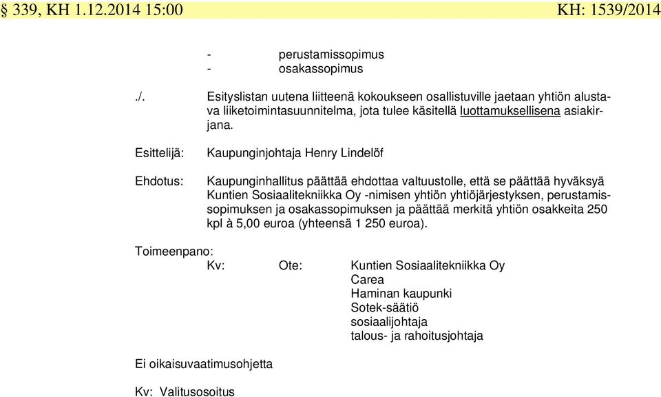 Esityslistan uutena liitteenä kokoukseen osallistuville jaetaan yhtiön alustava liiketoimintasuunnitelma, jota tulee käsitellä luottamuksellisena asiakirjana.