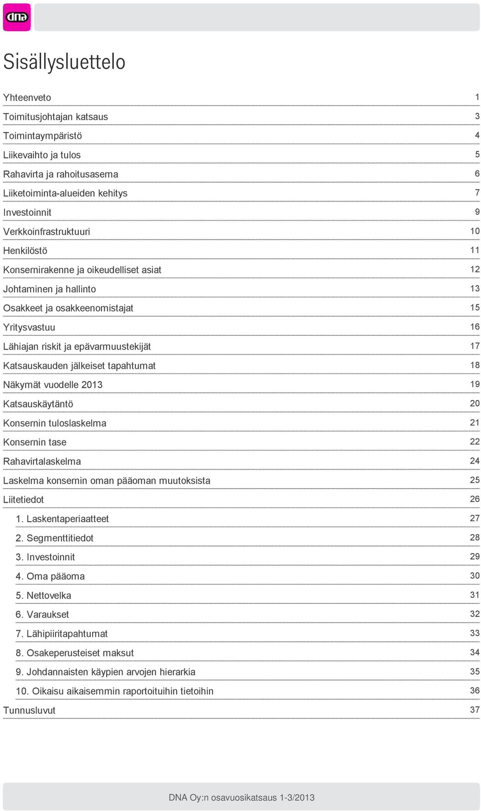 Katsauskäytäntö Konsernin tuloslaskelma Konsernin tase Rahavirtalaskelma Laskelma konsernin oman pääoman muutoksista Liitetiedot 1. Laskentaperiaatteet 2. Segmenttitiedot 3. Investoinnit 4.