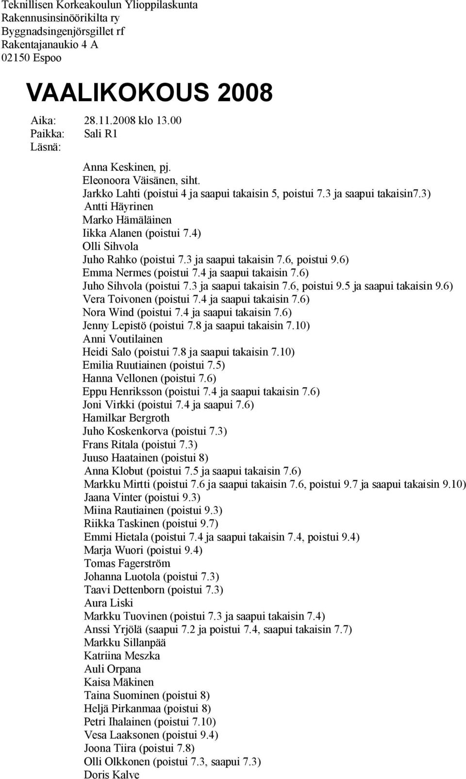 3) Antti Häyrinen Marko Hämäläinen Iikka Alanen (poistui 7.4) Olli Sihvola Juho Rahko (poistui 7.3 ja saapui takaisin 7.6, poistui 9.6) Emma Nermes (poistui 7.4 ja saapui takaisin 7.