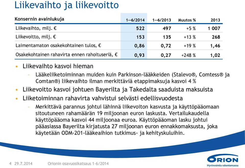 Parkinson-lääkkeiden (Stalevo, Comtess ja Comtan ) liikevaihto ilman merkittäviä etappimaksuja kasvoi 4 % Liikevoitto kasvoi johtuen Bayerilta ja Takedalta saaduista maksuista Liiketoiminnan