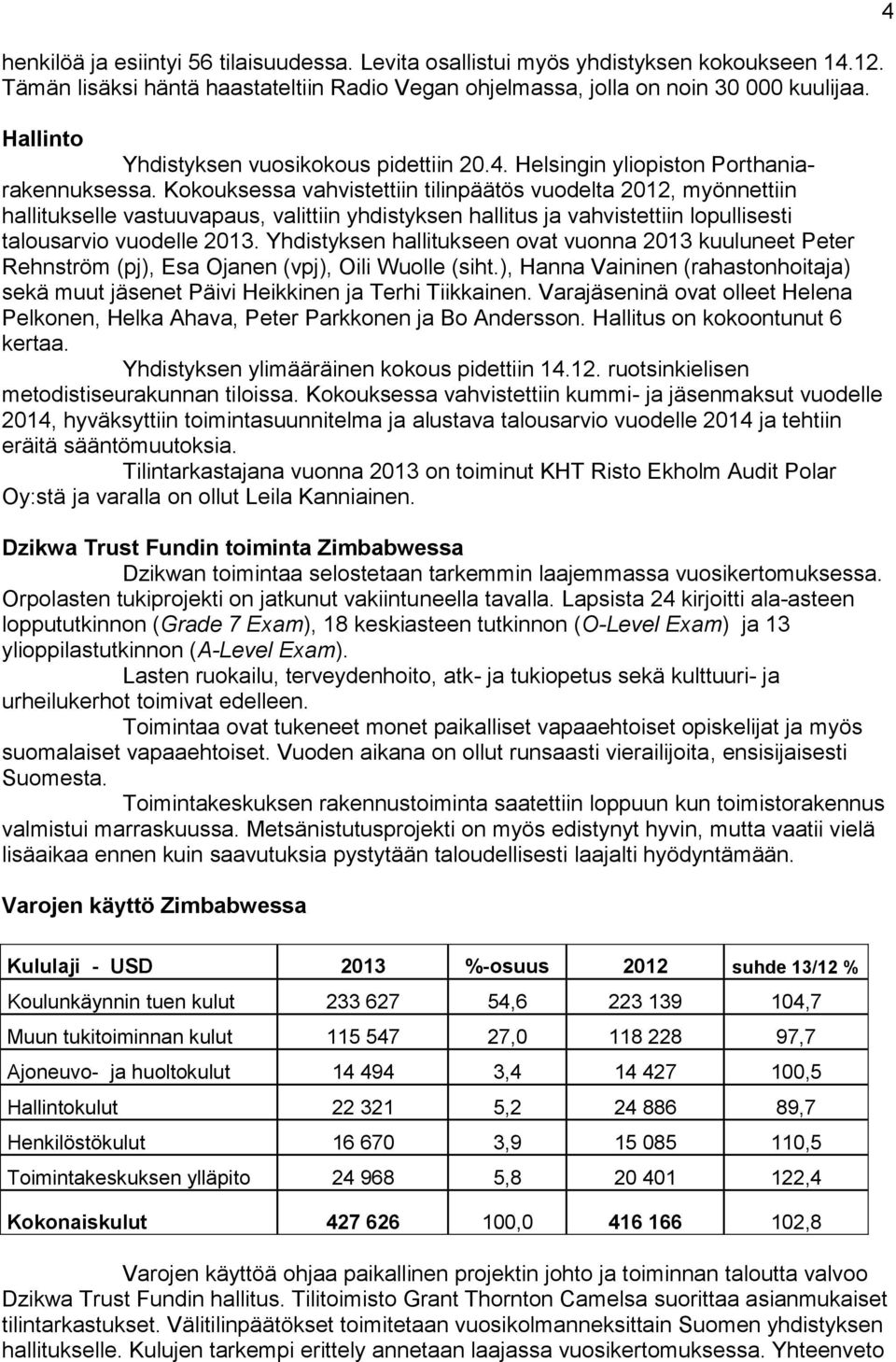 Kokouksessa vahvistettiin tilinpäätös vuodelta 2012, myönnettiin hallitukselle vastuuvapaus, valittiin yhdistyksen hallitus ja vahvistettiin lopullisesti talousarvio vuodelle 2013.