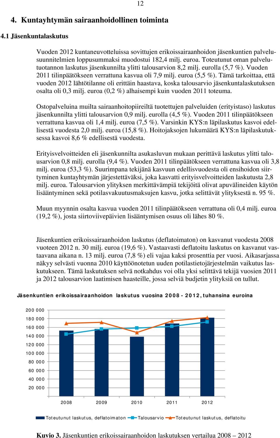 Toteutunut oman palvelutuotannon laskutus jäsenkunnilta ylitti talousarvion 8,2 milj. eurolla (5,7 %). Vuoden 2011 tilinpäätökseen verrattuna kasvua oli 7,9 milj. euroa (5,5 %).