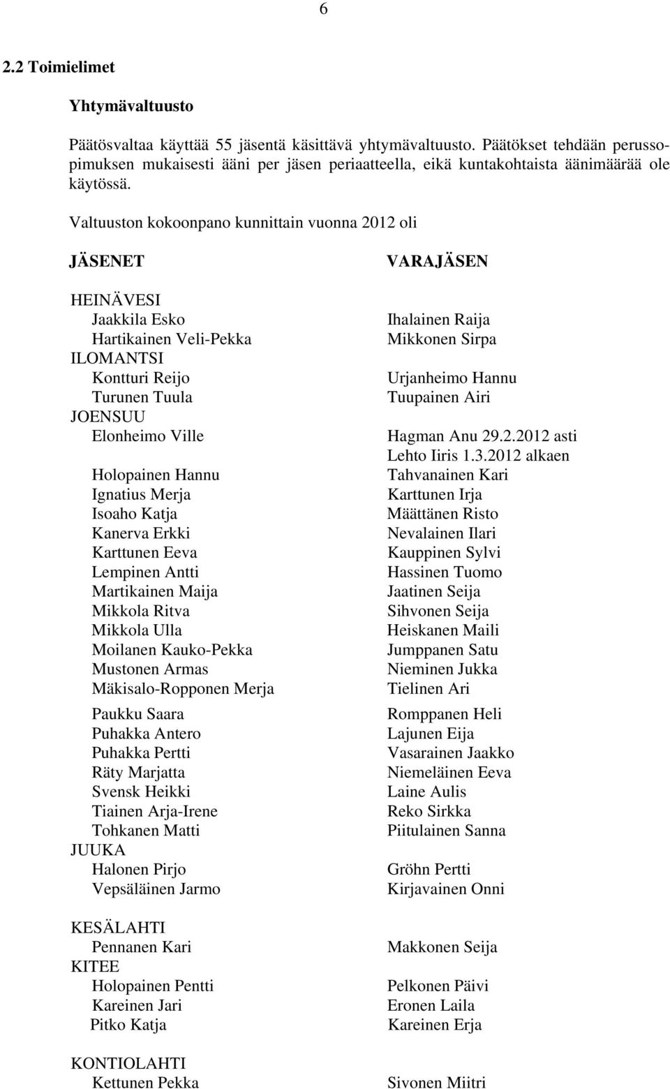 Valtuuston kokoonpano kunnittain vuonna 2012 oli JÄSENET HEINÄVESI Jaakkila Esko Hartikainen Veli-Pekka ILOMANTSI Kontturi Reijo Turunen Tuula JOENSUU Elonheimo Ville Holopainen Hannu Ignatius Merja