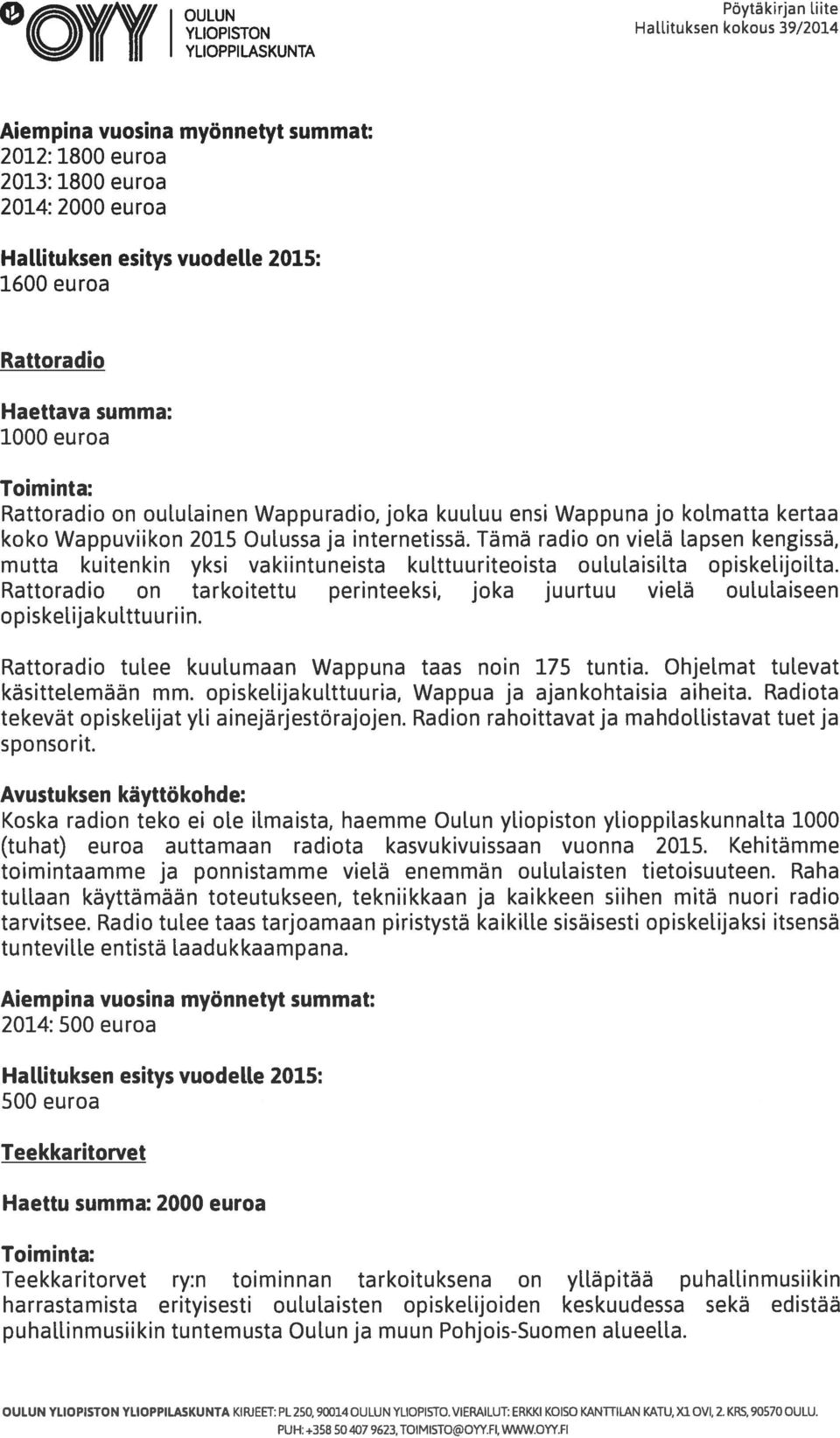 Toiminta: Rattoradio Oli oululainen Wappuradio, joka kuuluu ensi Wappuna jo kolmatta kertaa koko Wappuviikon 2015 Oulussa ja internetissä.