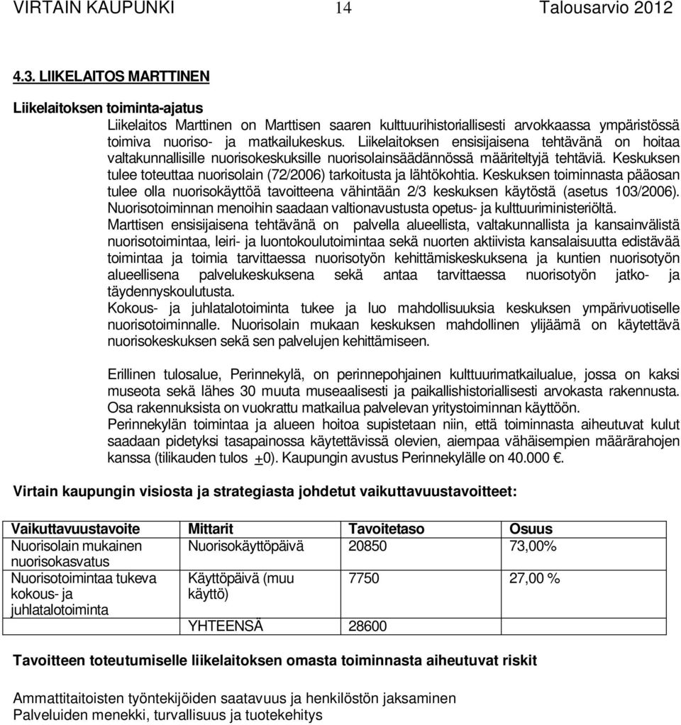 Liikelaitoksen ensisijaisena tehtävänä on hoitaa valtakunnallisille nuorisokeskuksille nuorisolainsäädännössä määriteltyjä tehtäviä.