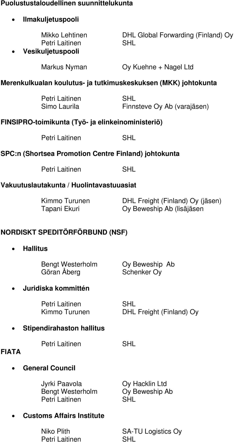 Vakuutuslautakunta / Huolintavastuuasiat Kimmo Turunen Tapani Ekuri DHL Freight (Finland) Oy (jäsen) (lisäjäsen NORDISKT SPEDITÖRFÖRBUND (NSF) Hallitus Bengt Westerholm Göran