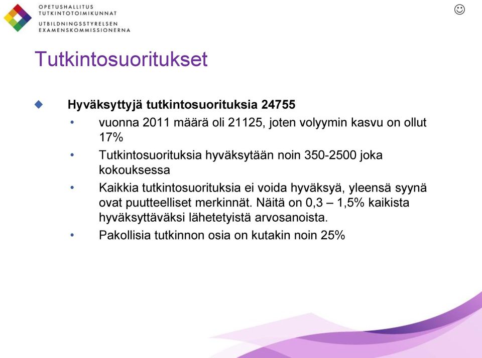 Kaikkia tutkintosuorituksia ei voida hyväksyä, yleensä syynä ovat puutteelliset merkinnät.