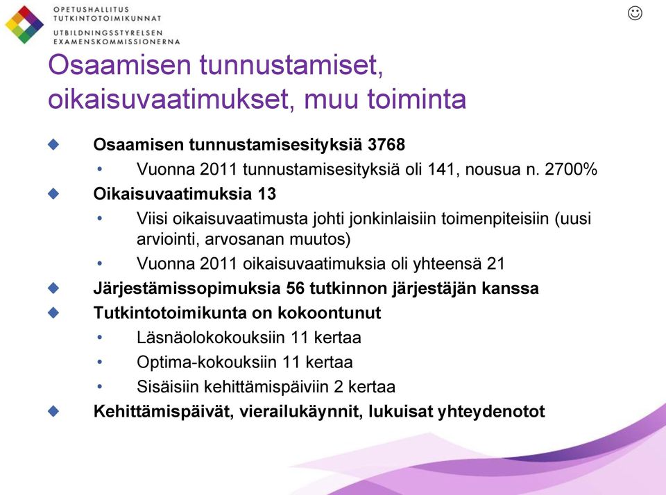 2700% Oikaisuvaatimuksia 13 Viisi oikaisuvaatimusta johti jonkinlaisiin toimenpiteisiin (uusi arviointi, arvosanan muutos) Vuonna 2011