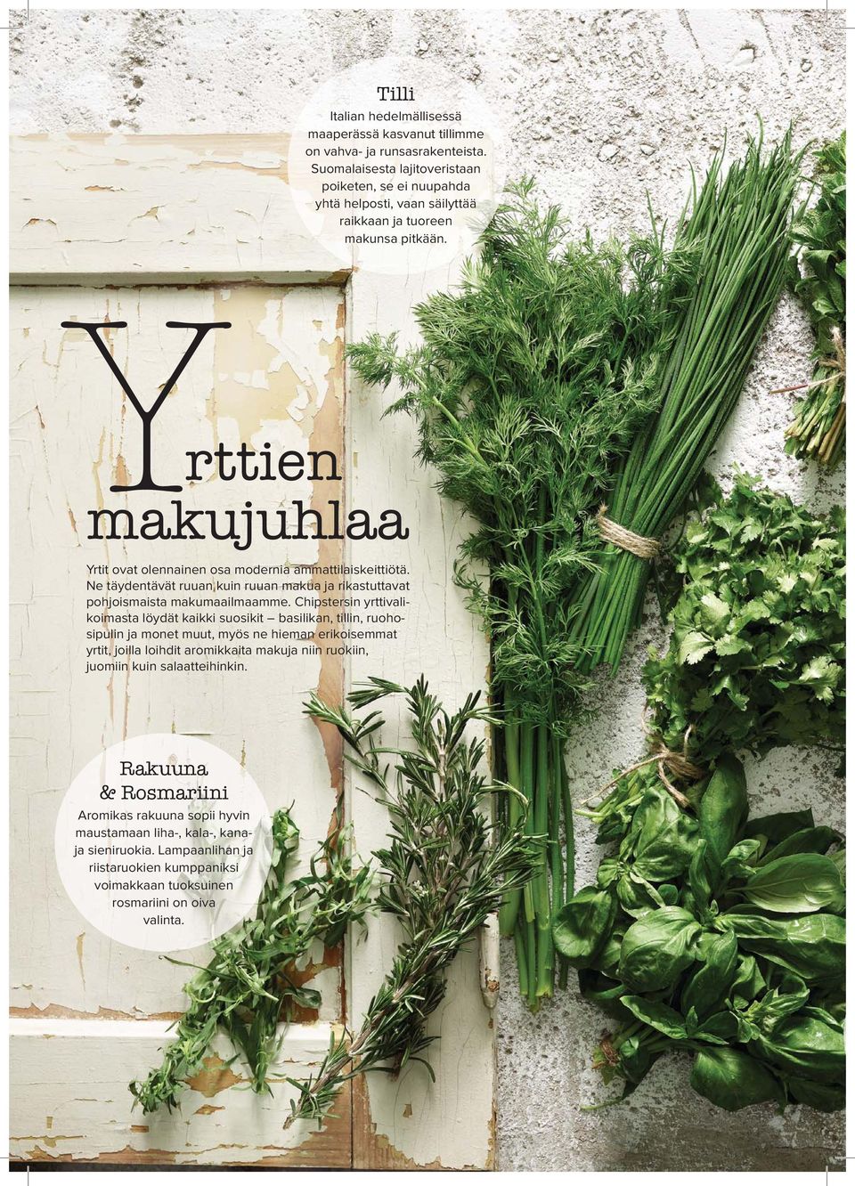 Yrttien makujuhlaa Yrtit ovat olennainen osa modernia ammattilaiskeittiötä. Ne täydentävät ruuan kuin ruuan makua ja rikastuttavat pohjoismaista makumaailmaamme.