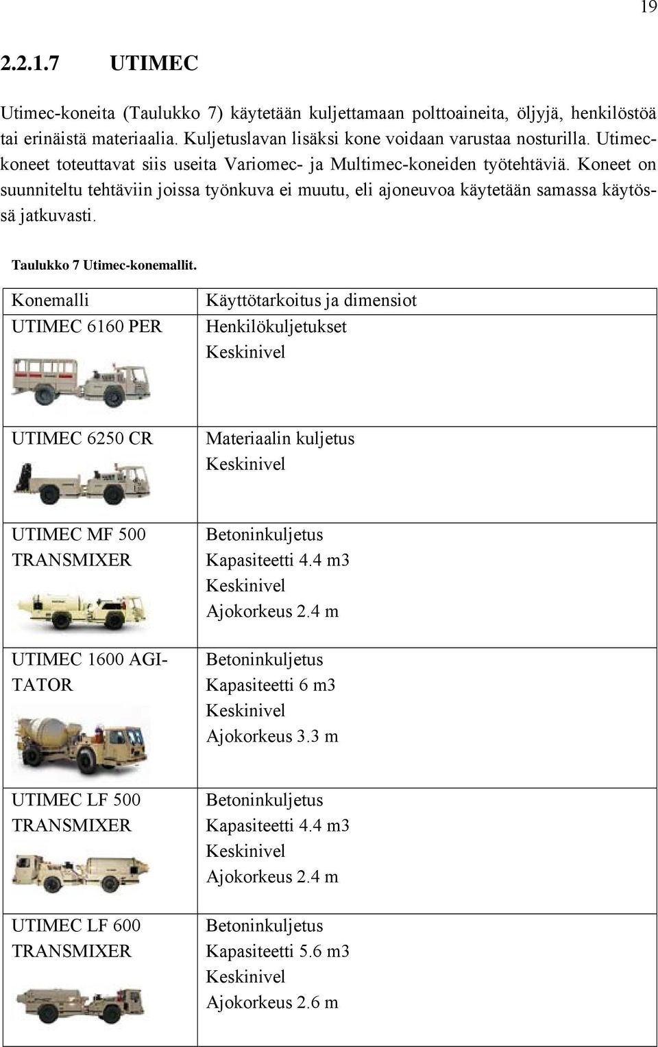 Taulukko 7 Utimec-konemallit.