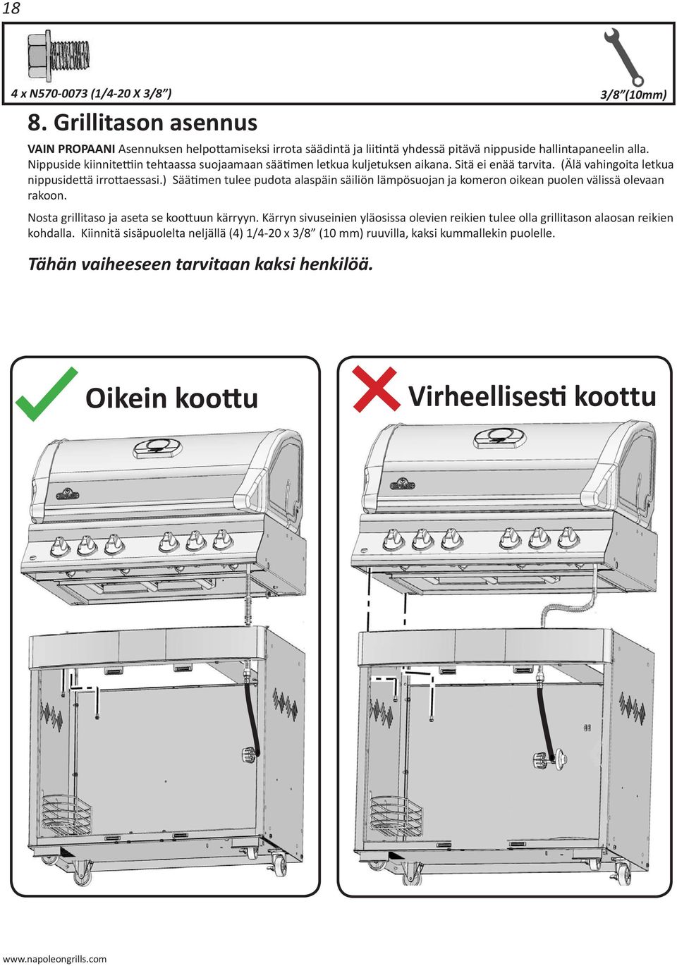 ) Säätimen tulee pudota alaspäin säiliön lämpösuojan ja komeron oikean puolen välissä olevaan rakoon. Nosta grillitaso ja aseta se koottuun kärryyn.