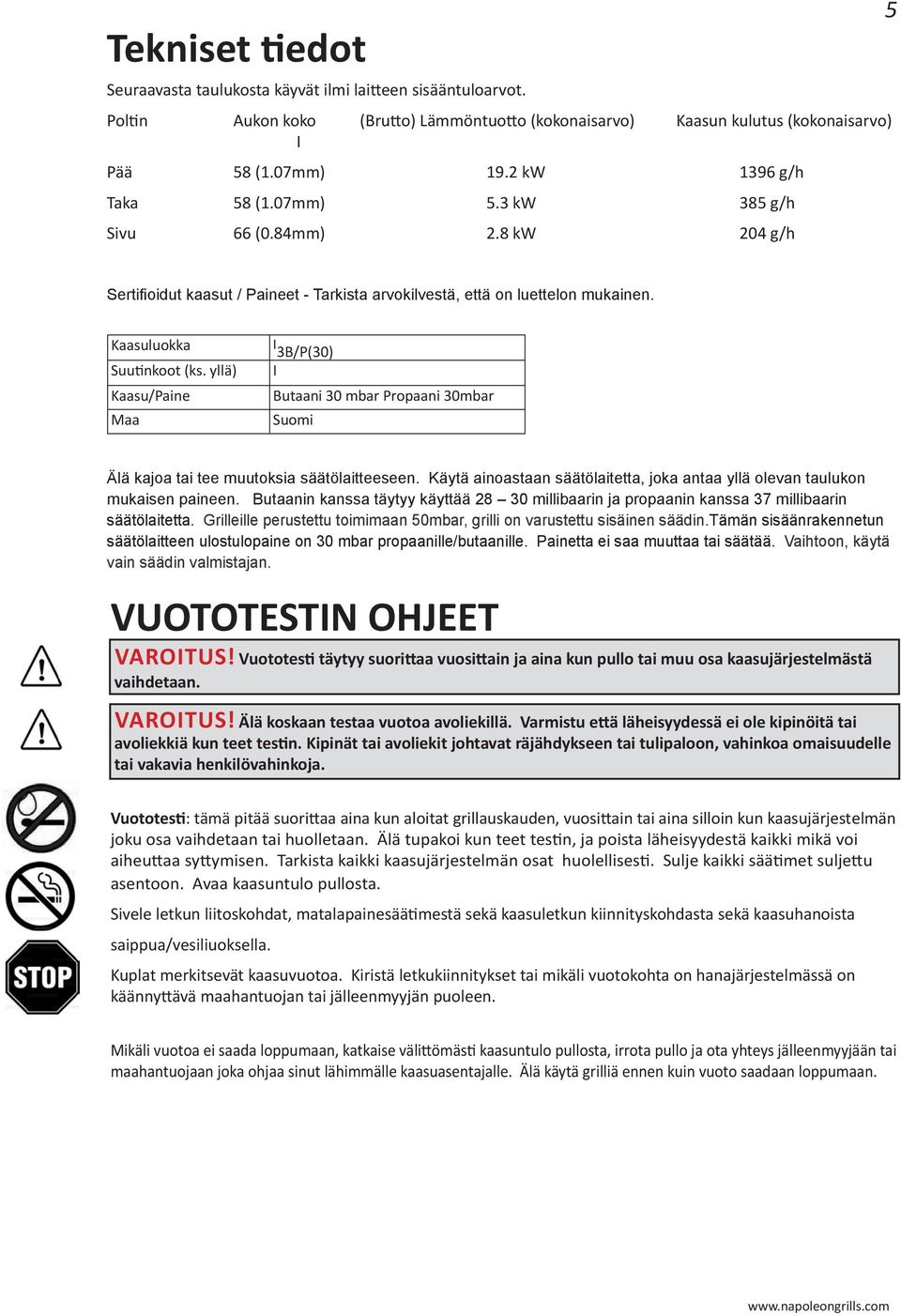 yllä) Kaasu/Paine Maa I 3B/P(30) I Butaani 30 mbar Propaani 30mbar Suomi Älä kajoa tai tee muutoksia säätölaitteeseen. Käytä ainoastaan säätölaitetta, joka antaa yllä olevan taulukon mukaisen paineen.