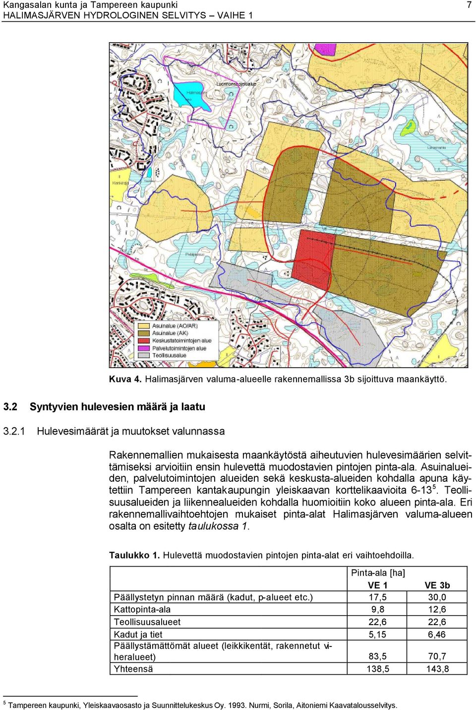 1 Hulevesimäärät ja muutokset valunnassa Rakennemallien mukaisesta maankäytöstä aiheutuvien hulevesimäärien selvittämiseksi arvioitiin ensin hulevettä muodostavien pintojen pinta-ala.