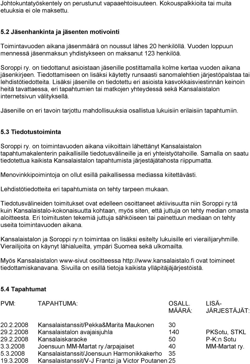 on tiedottanut asioistaan jäsenille postittamalla kolme kertaa vuoden aikana jäsenkirjeen. Tiedottamiseen on lisäksi käytetty runsaasti sanomalehtien järjestöpalstaa tai lehdistötiedotteita.