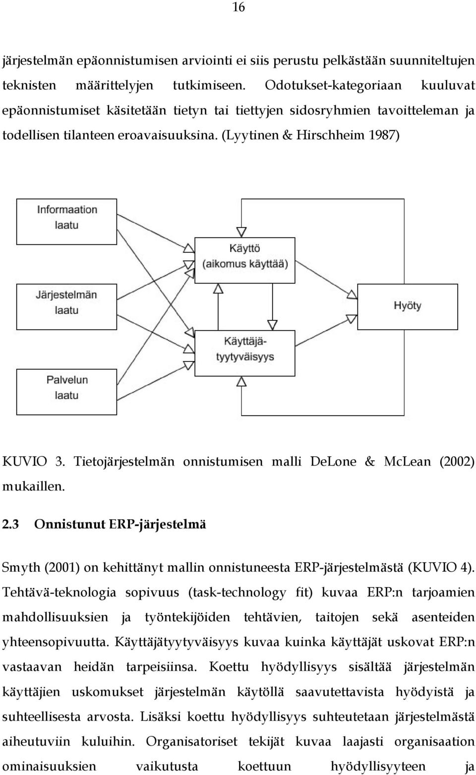 Tietojärjestelmän onnistumisen malli DeLone & McLean (2002) mukaillen. 2.3 Onnistunut ERP-järjestelmä Smyth (2001) on kehittänyt mallin onnistuneesta ERP-järjestelmästä (KUVIO 4).