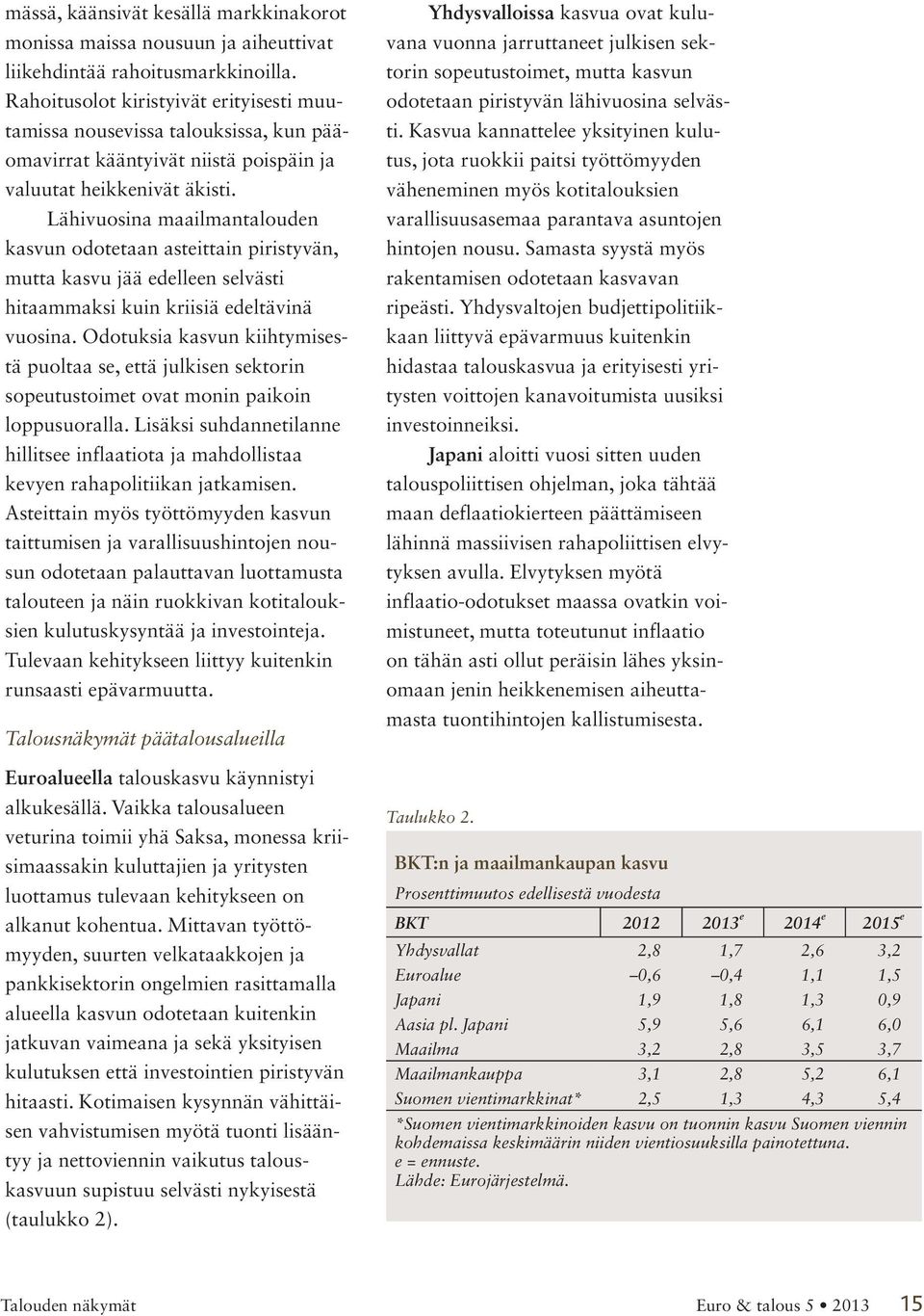 Lähivuosina maailmantalouden kasvun odotetaan asteittain piristyvän, mutta kasvu jää edelleen selvästi hitaammaksi kuin kriisiä edeltävinä vuosina.