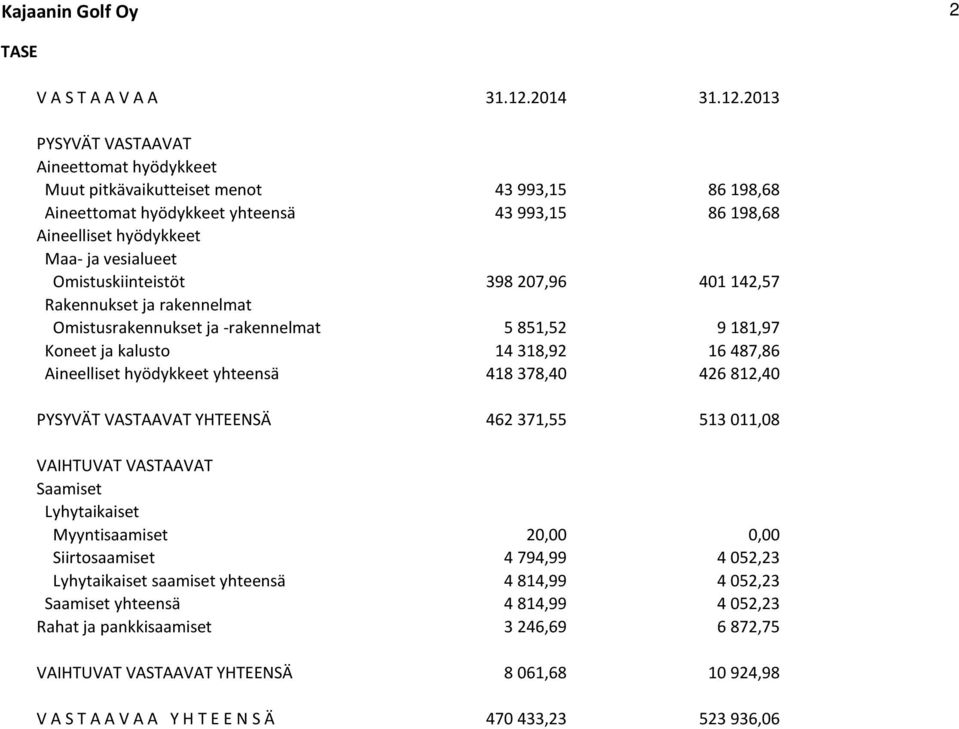 2013 PYSYVÄT VASTAAVAT Aineettomat hyödykkeet Muut pitkävaikutteiset menot 43 993,15 86 198,68 Aineettomat hyödykkeet yhteensä 43 993,15 86 198,68 Aineelliset hyödykkeet Maa- ja vesialueet