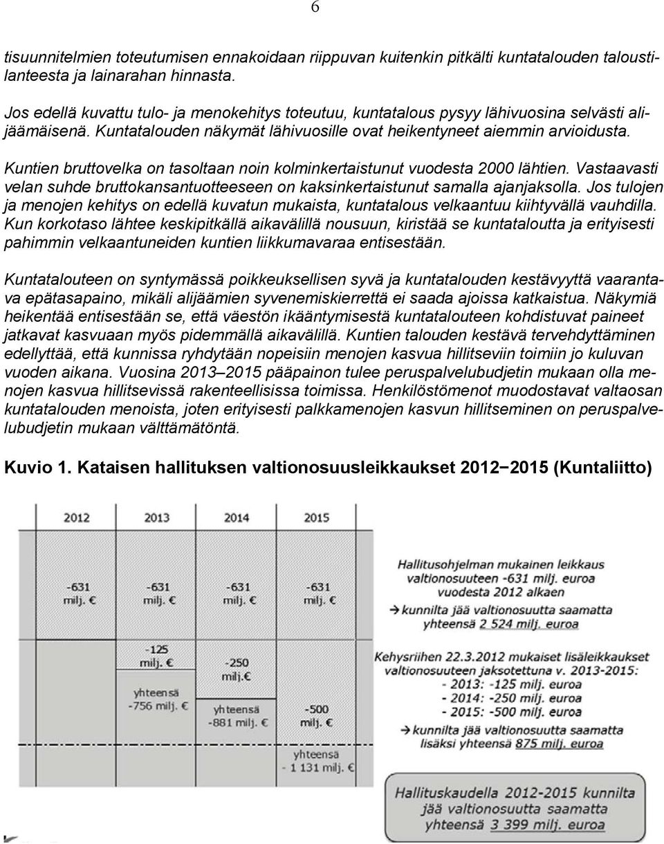 Kuntien bruttovelka on tasoltaan noin kolminkertaistunut vuodesta 2000 lähtien. Vastaavasti velan suhde bruttokansantuotteeseen on kaksinkertaistunut samalla ajanjaksolla.