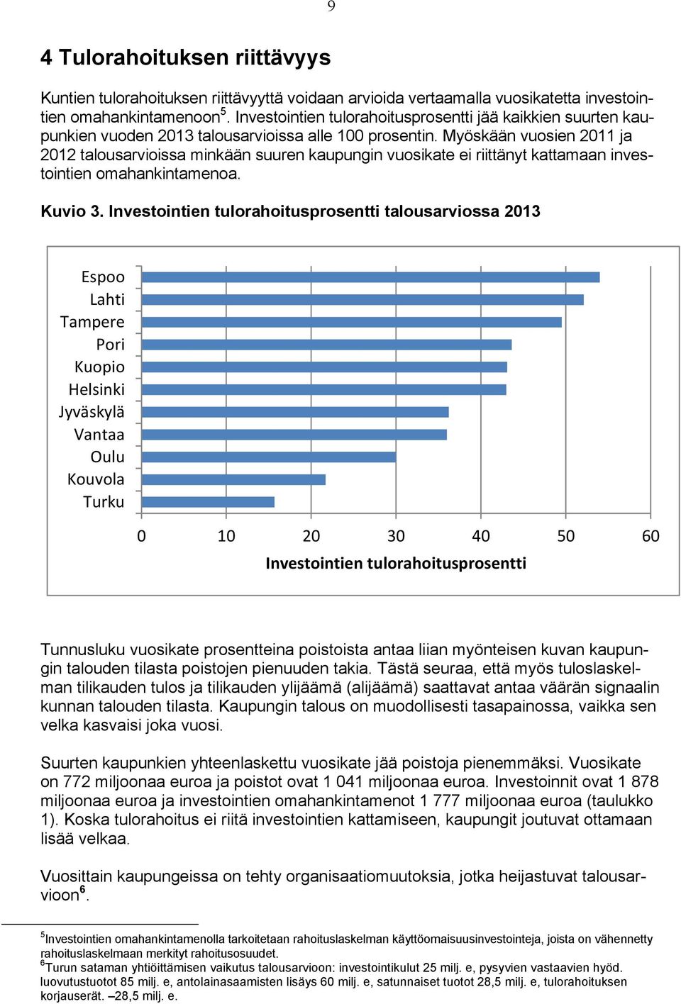 Myöskään vuosien 2011 ja 2012 talousarvioissa minkään suuren kaupungin vuosikate ei riittänyt kattamaan investointien omahankintamenoa. Kuvio 3.