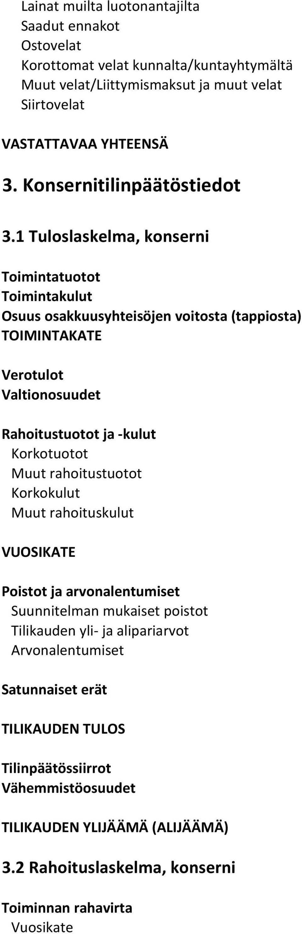1 Tuloslaskelma, konserni Toimintatuotot Toimintakulut Osuus osakkuusyhteisöjen voitosta (tappiosta) TOIMINTAKATE Verotulot Valtionosuudet Rahoitustuotot ja -kulut Korkotuotot