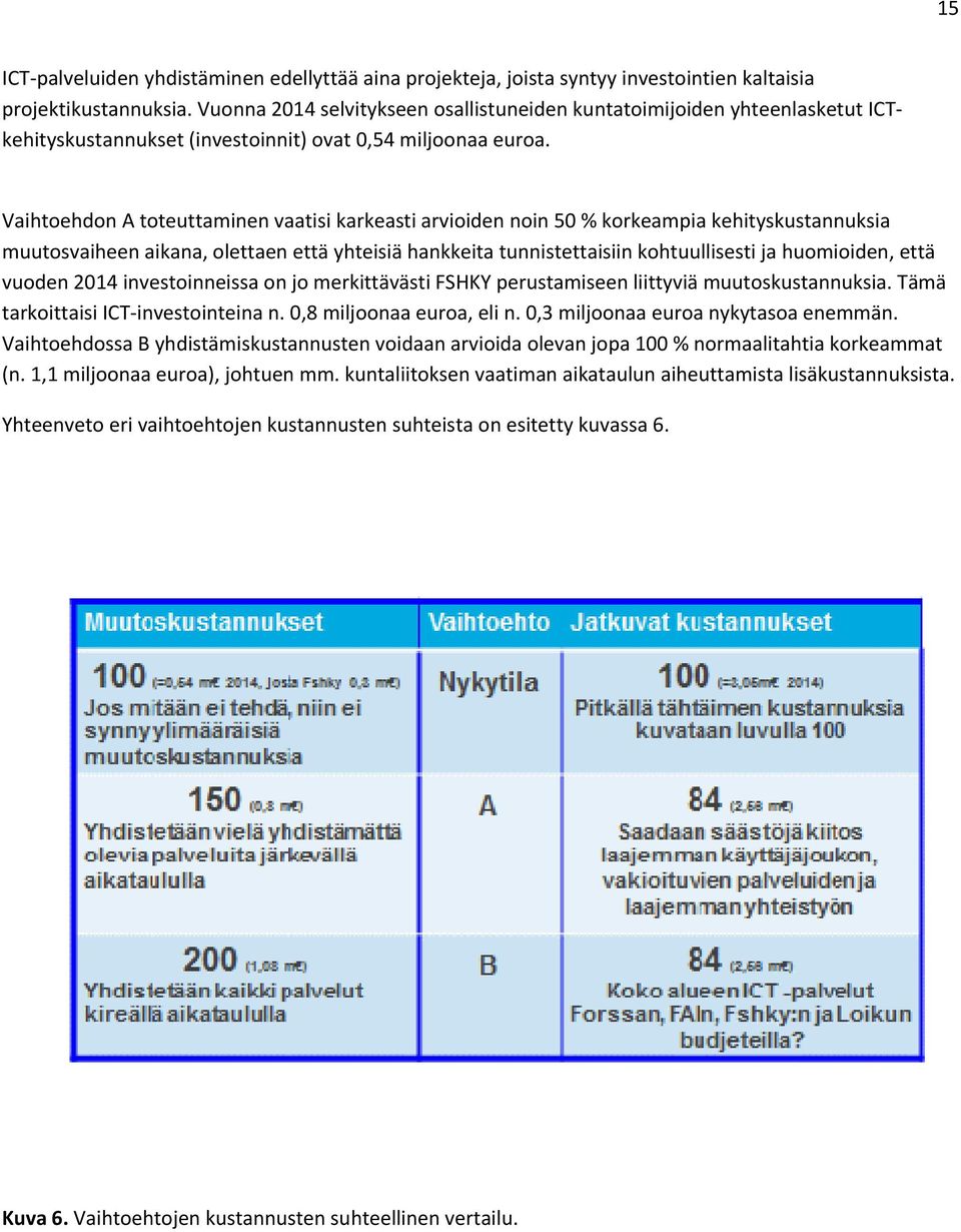 Vaihtoehdon A toteuttaminen vaatisi karkeasti arvioiden noin 50 % korkeampia kehityskustannuksia muutosvaiheen aikana, olettaen että yhteisiä hankkeita tunnistettaisiin kohtuullisesti ja huomioiden,