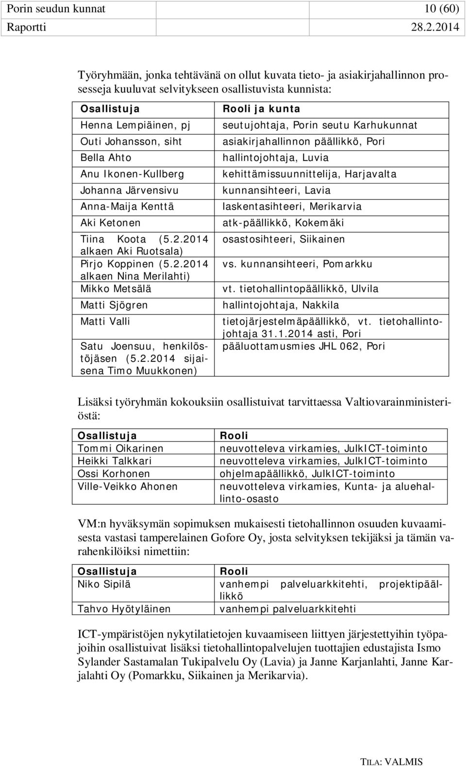 2014 alkaen Aki Ruotsala) Pirjo Koppinen (5.2.2014 alkaen Nina Merilahti) Mikko Metsälä Matti Sjögren Matti Valli Satu Joensuu, henkilöstöjäsen (5.2.2014 sijaisena Timo Muukkonen) Rooli ja kunta