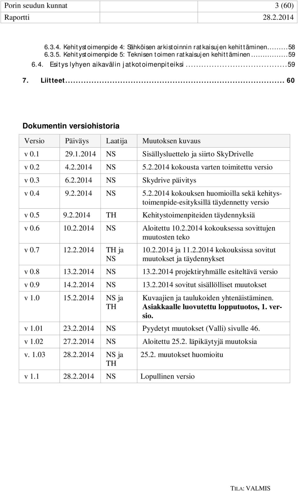 3 6.2.2014 NS Skydrive päivitys v 0.4 9.2.2014 NS 5.2.2014 kokouksen huomioilla sekä kehitystoimenpide-esityksillä täydennetty versio v 0.5 9.2.2014 TH Kehitystoimenpiteiden täydennyksiä v 0.6 10.2.2014 NS Aloitettu 10.